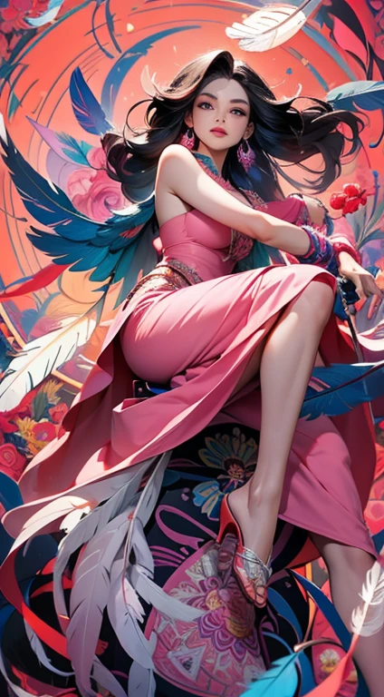 erjie, girl in a fluid and dynamic pose, wearing a loose, flowing pink dress, mysterious expression, curly black and pink hair, [Zhang Ziyi|Aishwarya Rai], in a modern and abstract setting, with bold and colorful abstract art, blurred background, bright lighting, official art, unity 8k wallpaper, (zentangle, mandala, tangle, entangle), intricate clothes,zhongfenghua (full body,from everywhere,masterpiece, top quality, best quality, official art, beautiful and aesthetic:1.2), extremely detailed,(fractal art:1.1),(colorful:1.1)(flowers:1.3),highest detailed,(zentangle:1.2), (dynamic pose), (abstract background:1.3), (shiny skin), (many colors:1.4), (feathers:1.5), dynamic angle, the most beautiful form of chaos, elegant, a brutalist designed, vivid colours, romanticism,