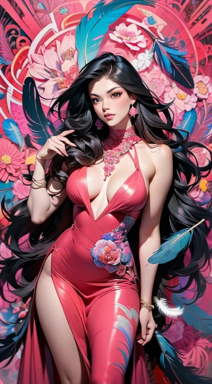 erjie, girl in a fluid and dynamic pose, wearing a loose, flowing pink dress, mysterious expression, curly black and pink hair, [Zhang Ziyi|Aishwarya Rai], in a modern and abstract setting, with bold and colorful abstract art, blurred background, bright lighting, official art, unity 8k wallpaper, (zentangle, mandala, tangle, entangle), intricate clothes,zhongfenghua (full body,from everywhere,masterpiece, top quality, best quality, official art, beautiful and aesthetic:1.2), extremely detailed,(fractal art:1.1),(colorful:1.1)(flowers:1.3),highest detailed,(zentangle:1.2), (dynamic pose), (abstract background:1.3), (shiny skin), (many colors:1.4), (feathers:1.5), dynamic angle, the most beautiful form of chaos, elegant, a brutalist designed, vivid colours, romanticism,