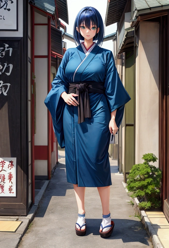 Japanese Girl with dark blue hair, green eyes,rectangular body figure, mature,casual clothing, full body view