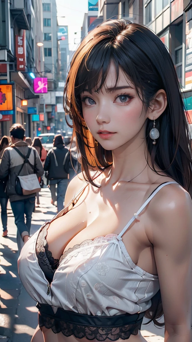 Beautiful woman upper body photo, Playing with your cell phone in the middle of the street, [See through](Short lace camisole:1.47), Natural Breasts, Medium chest, (Tight waist, Perfect body curves), Earrings, Sharp focus, (Tall body, Adult female), ((avert your eyes)), (Skin with attention to detail, Skin pores:1.4)、24-year-old woman、Sexy proportions、Long eyelashes、Sexy proportions、Sexy breasts、Narrow waist、Long eyelashes、Cleavage Emphasis、