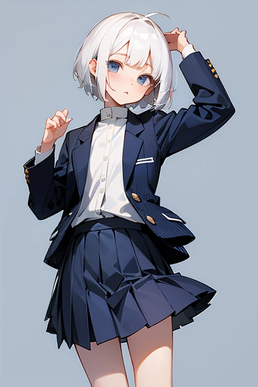 Short white hair, 、White shirt、Navy blue striped jacket、Cute Skirt、Embarrassing、Background is white、