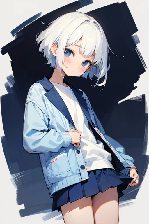 Short white hair, 16 years old、White shirt、Navy blue striped jacket、Cute Skirt、Embarrassing、Background is white、