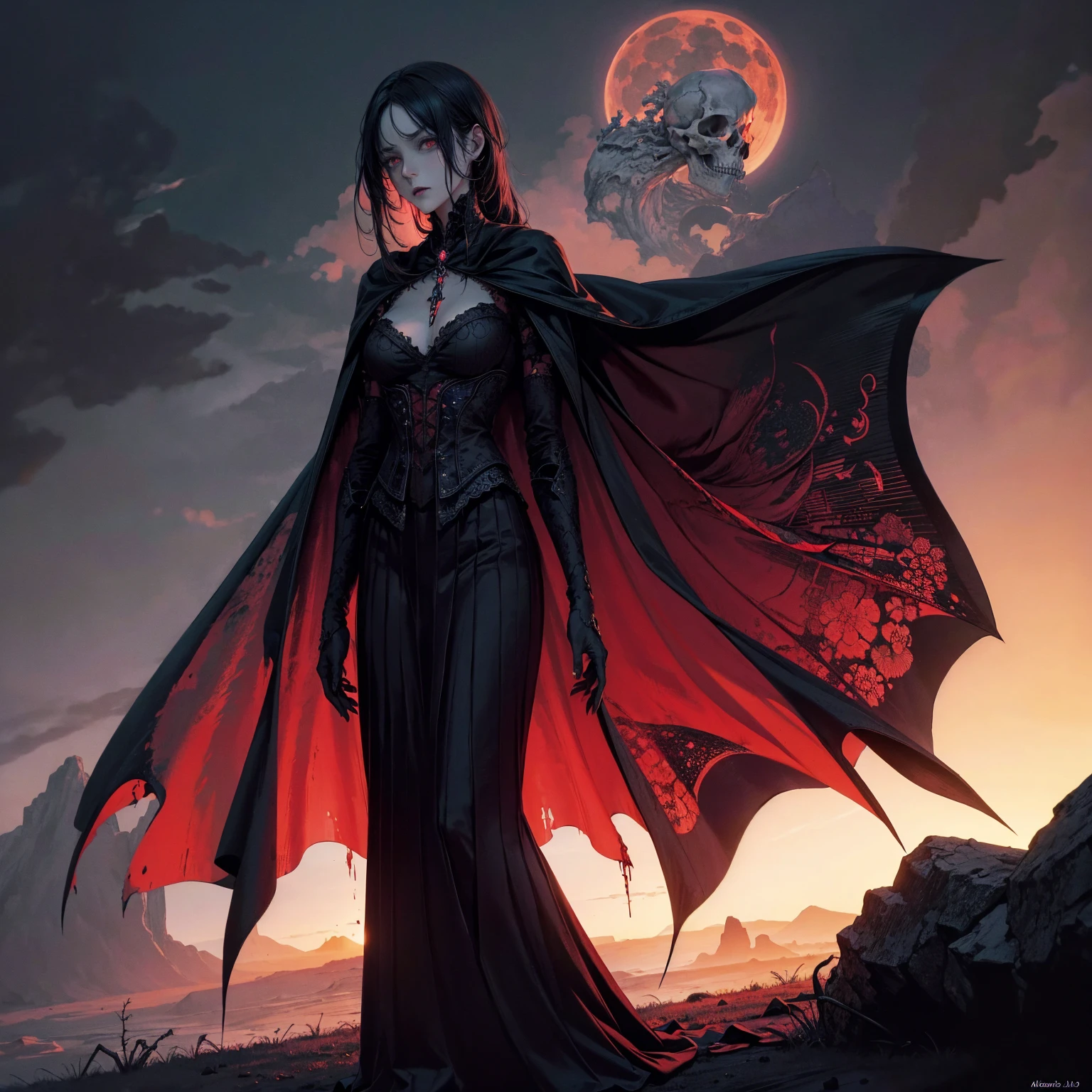 best quality, 4K, high resolution, masterpiece:1.2, Very detailed, actual:1.37, Mood lighting, An Undead Lich Girl in a long cape, Half face is only skull without any flesh, Hands and arms are only bones without any flesh, Wearing a ragged gothic skirt, Aloofness emotion, Dangerous sneer, Black Hair, Standing, Facing the camera, Crucified, Pitch black sky, Blood-red moon, strange atmosphere, Gothic style, Unforgettable beauty, Dramatic shadows, Ethereal Light, Mysterious atmosphere.