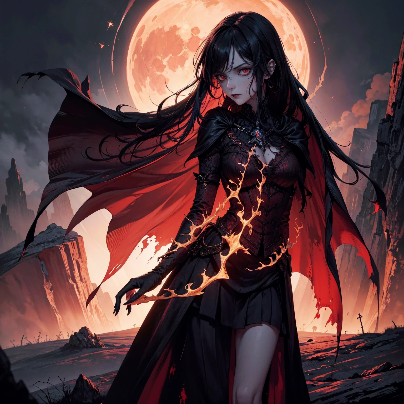 best quality, 4K, high resolution, masterpiece:1.2, Very detailed, actual:1.37, Mood lighting, An Undead Lich Girl in a long cape, Half face is only skull without any flesh, Hands and arms are only bones without any flesh, Wearing a ragged gothic skirt, Aloofness emotion, Dangerous sneer, Black Hair, Standing, Facing the camera, Crucified, Pitch black sky, Blood-red moon, strange atmosphere, Gothic style, Unforgettable beauty, Dramatic shadows, Ethereal Light, Mysterious atmosphere.