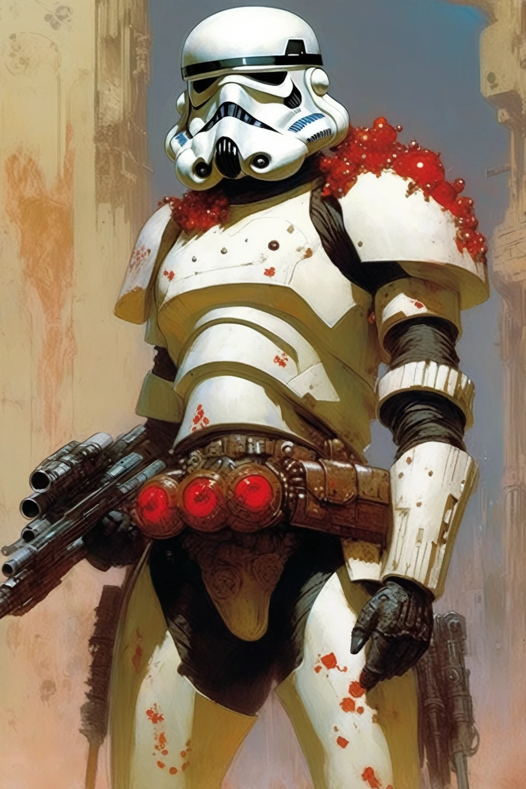 A stormtrooper, concept art, cyberpunk, stranger, fighter, star wars, heavy armor with red ornaments, heavy weapon, thin waist, large breastplate, frank frazetta style