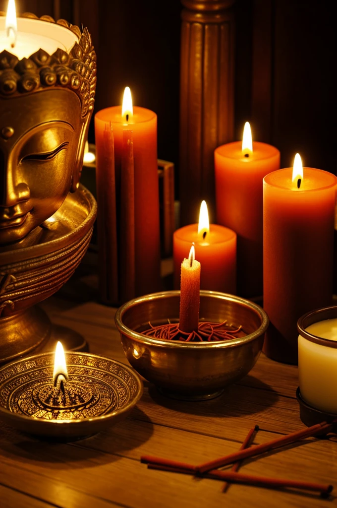 Incense sticks, lotus candles, worshiping Buddha