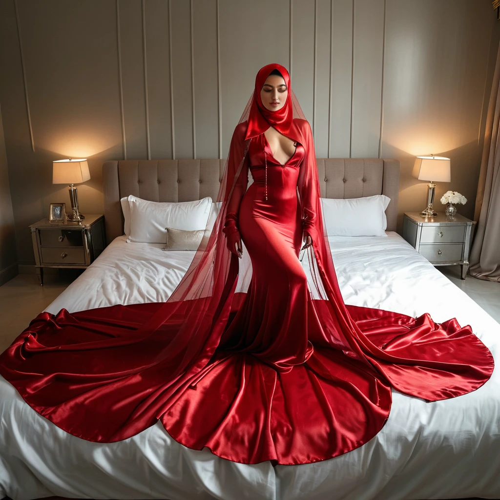 a woman in the translucent silk red gown, tight full body tied, satin sheet, nipple on with nipple piercing, wearing translucent veils, faceless, face cover with satin veil, satin hijab, full body, long satin,mermaid tight long gown, flowy dramatic long gown, tall women, satin bed, strugle to walk, wear high heels, satin bed, masterpice