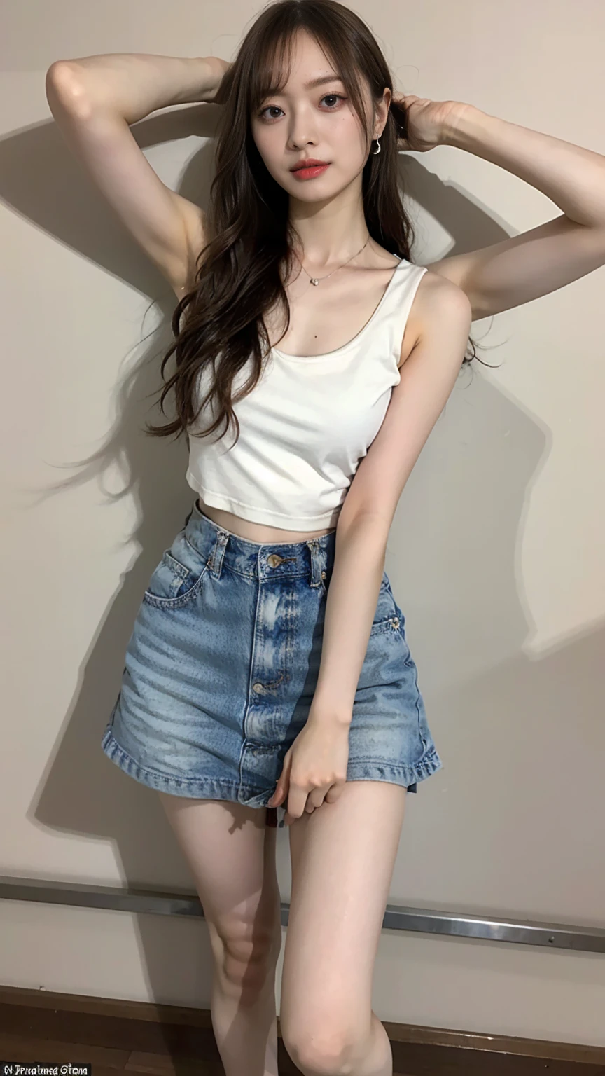 Open shirt, (((Leaning forward))), ((,Round face, Around ************,mini skirt、loose tank top)),  Long Hair, , Natural Makeup, Lips become thicker, Sexy Gaze, barefoot, ((Raise one leg)),  Shooting from below,Gentle expression ,((Extremely precise and accurate anatomy)),  (masterpiece:1.43), Perfect proportions, Realistic photos, Full Shot, whole body, (height: 165cm), 