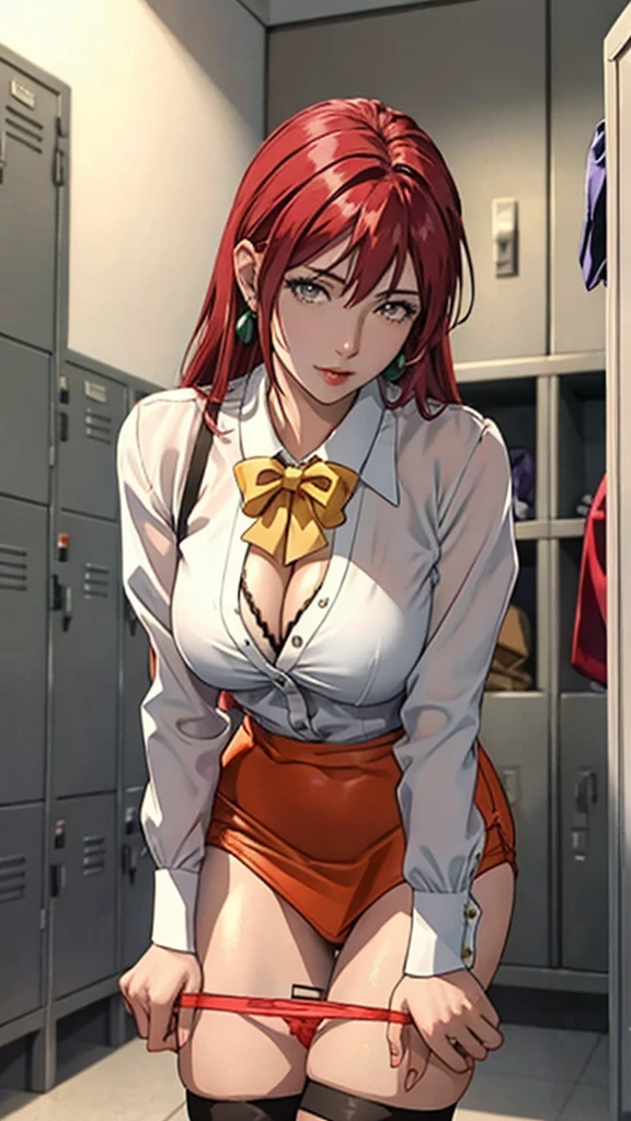 8k, RAW photo, best quality, masterpiece:1.2,1girl,mature female,cleavage,(glowing red pupils),(takashiro hiroko, long red hair, purple eyes, round green ear rings, ((purple underwear)), ((unbuttoned white blouse)), ((red pencil skirt)), ((cleavage)), ((yellow bow tie)), ((black thigh highs)), ((garters))),((pull panties))、cowboy shot、((panty pull))、(wearing a skirt:1.2), slightly bent over towards viewer、(locker room:1.2),wet panties, looking at viewer,