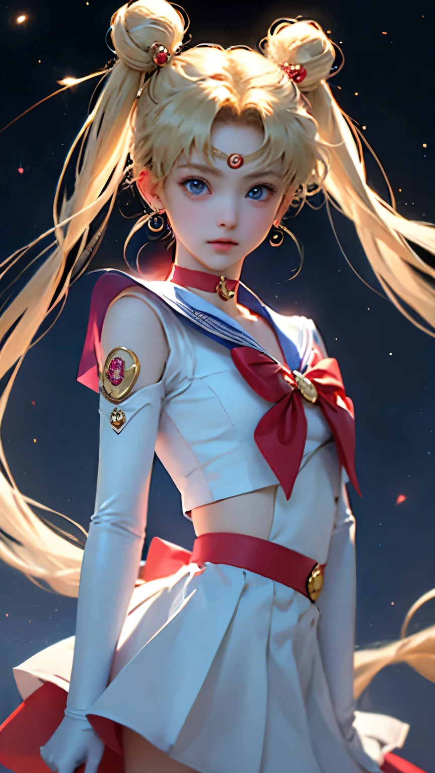 masterpiece、high quality、High resolution、Realistic、professional lighting、Japanese、woman、young、White skin、slender、Sailor Moon, Usagi Tsukino, Sailor Warrior Uniforms, Red choker,Blue Collar, Red ribbon on chest, White gloves, Red ribbon at waist, Very short skirt, Blue Skirt, Red knee boots, Crescent Earrings, Long Hair, Twin tails, Twin Chinese bun, (((Blonde))), Big eyes, Blue pupils, cute, So cute, beautiful, wonderful, gem, Night Sky, Starry Sky, Perfect Face, Perfect Skin, Crescent moon on her forehead, Skirt up, Showing her ass