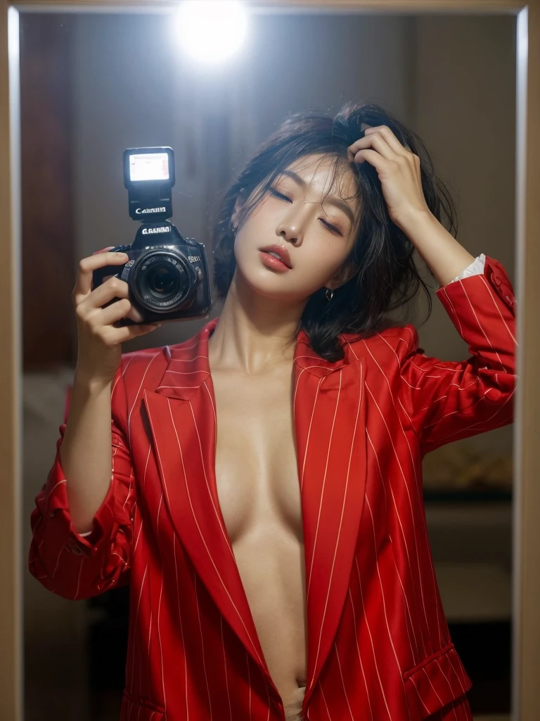 A korean woman takes a mirror selfie with a Canon EOS camera. The camera's flash illuminates the scene, creating a bright glare in the mirror. she has a pear body shape with an larged-size breast, She wears a bright red, vertically striped blazer with rolled-up sleeves, left open to reveal her bare larged-size breast. Her expression is serene, with her eyes slightly closed and her head tilted slightly to one side as she touches her hair with her other hand, messy wavy hair. The background appears dim, giving prominence to the subject in the foreground.