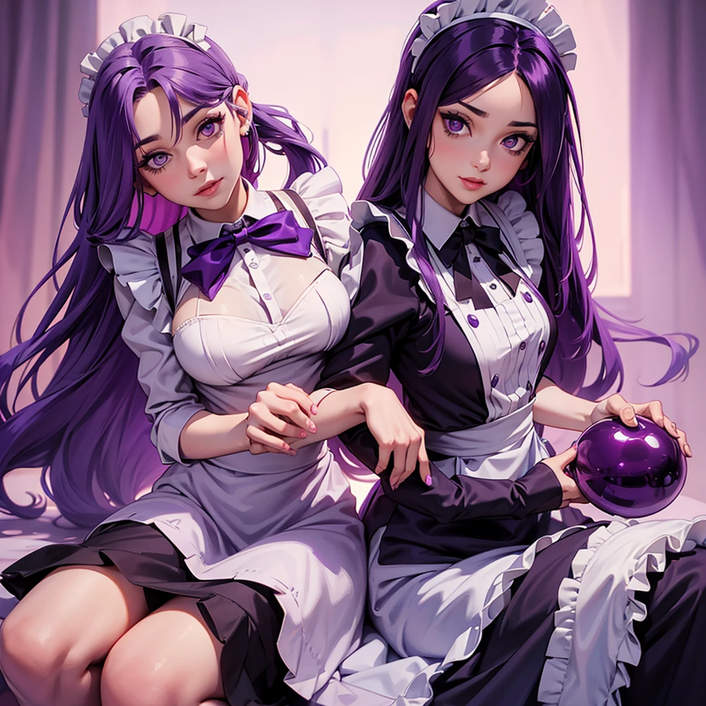 long purple hair with deep purple eyes. Cute look, and maid