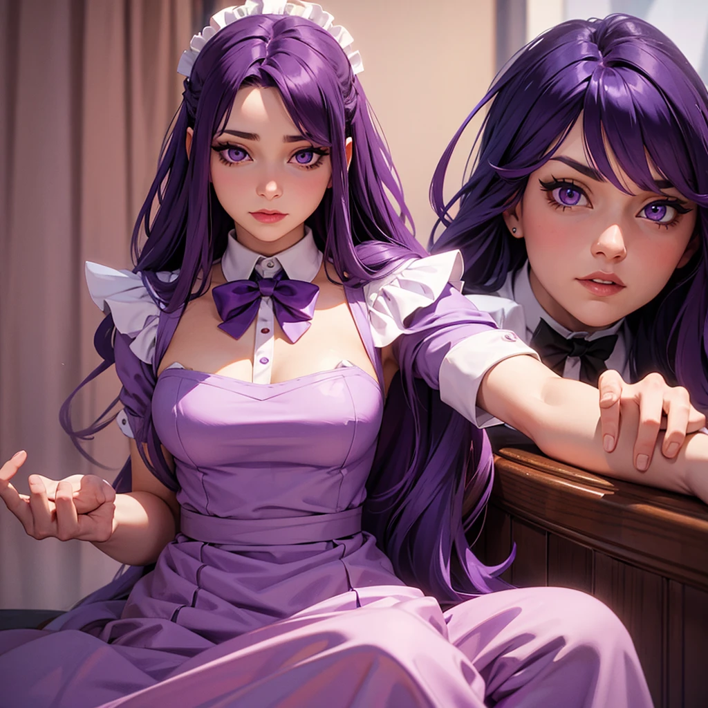 long purple hair with deep purple eyes. Cute look, and maid 