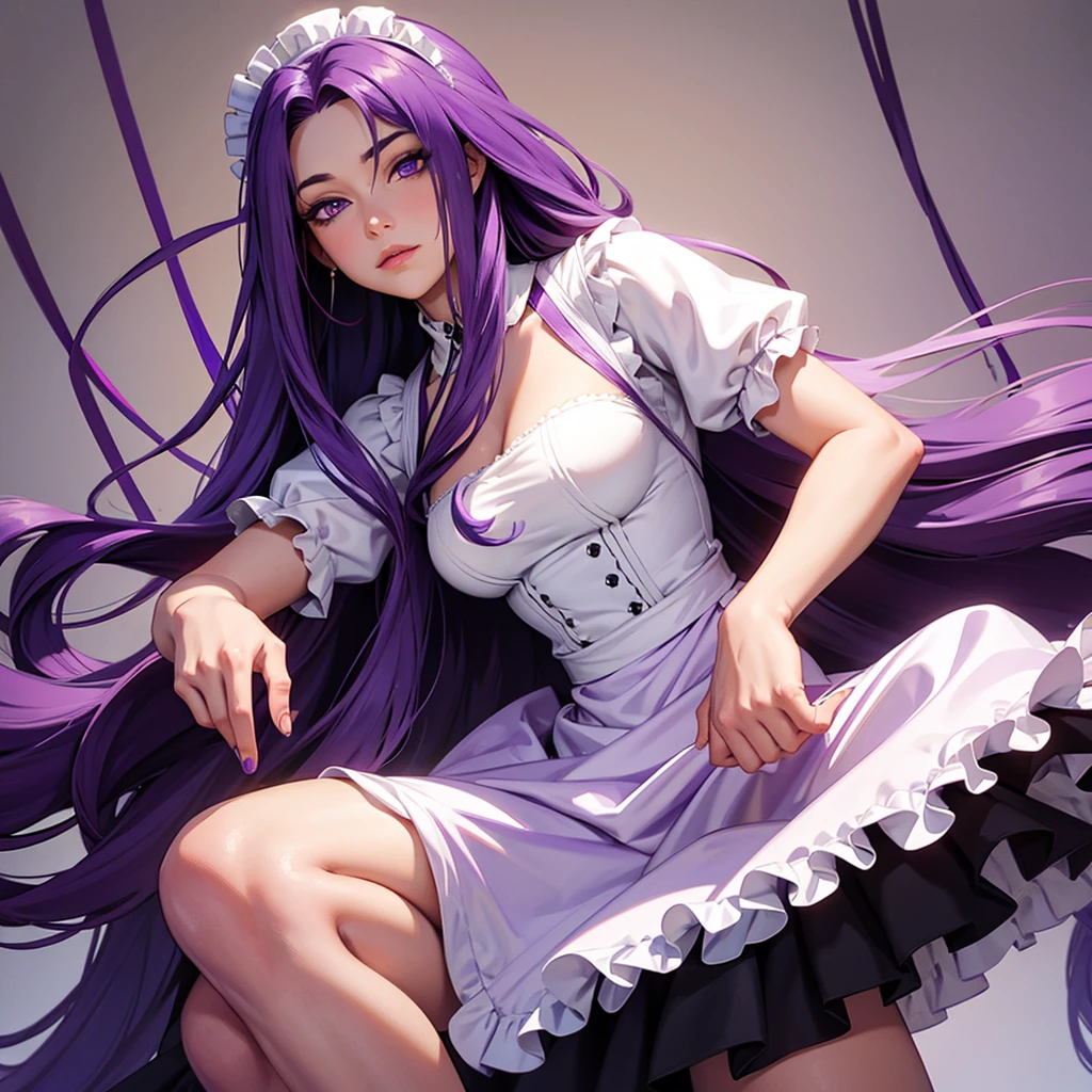 long purple hair with deep purple eyes. Cute look, and maid 