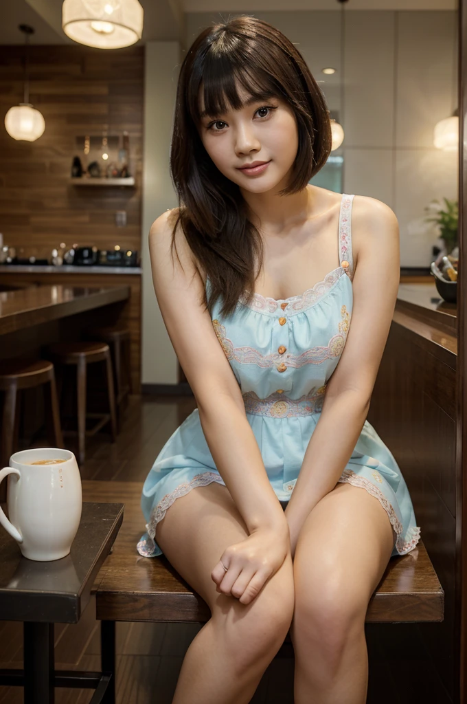 A woman wearing a brightly colored short dress with a lace pattern., Bob hair with bangs, Turn your head directly to look at the camera., charming smile, beautiful portrait, Half-Thai-Chinese woman, , Half-Thai-Chinese woman, beautiful young woman, beautiful young woman, Chinese woman, beautiful female model, beautiful female model, lovely young woman, beautiful young woman, lovely young woman, Chinese woman, sitting in a coffee shop, see full body, The picture is very clear.