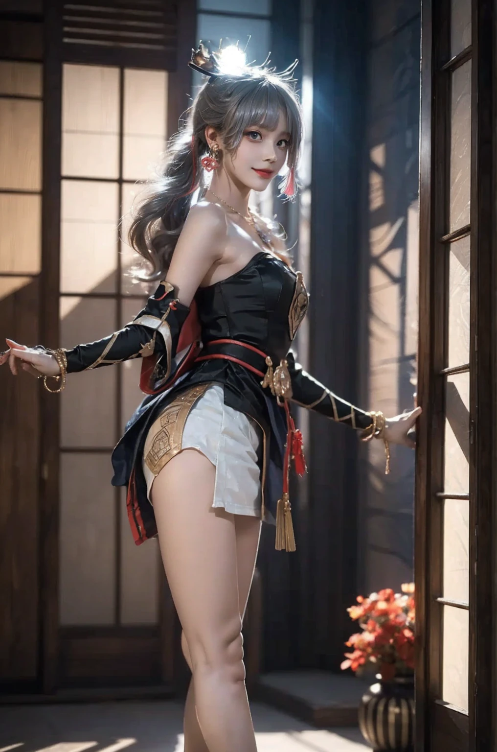 Ayaka, genshin impact, kamisato Ayaka, ((whole body)), ((from below)), ((Gu Feng,bare shoulders)), clear face, pretty face, 8k, masterpiece, (realistic genshin photo), RAW photos, best quality, Detail:1.2, lifelike, Detail, Very Detailed, CG, unity, wallpaper, depth of field, realistic light, lens flare, ray tracing, (very beautiful face, beautiful lips, beautiful eyes), complicated, Detail的脸, ((ultra Detailed skin)), 1 girl, in the dark, realistic shadows, beautiful korean girl, kpop idol,(very slim body type:1.3), chubby big tits, perfect ass, round pretty ass,  slim sexy legs, Graceful posture, (bright smile), (City night, (neon lights), (night), beautiful korean girl, white diamond earrings, diameter bracelet, Diamonds Necklace, clear eyes, facing forward, (big eyes)