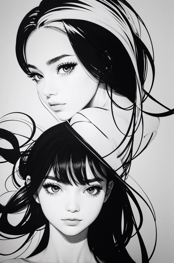 an abstract black and white simple ink drawing of a beautiful girl