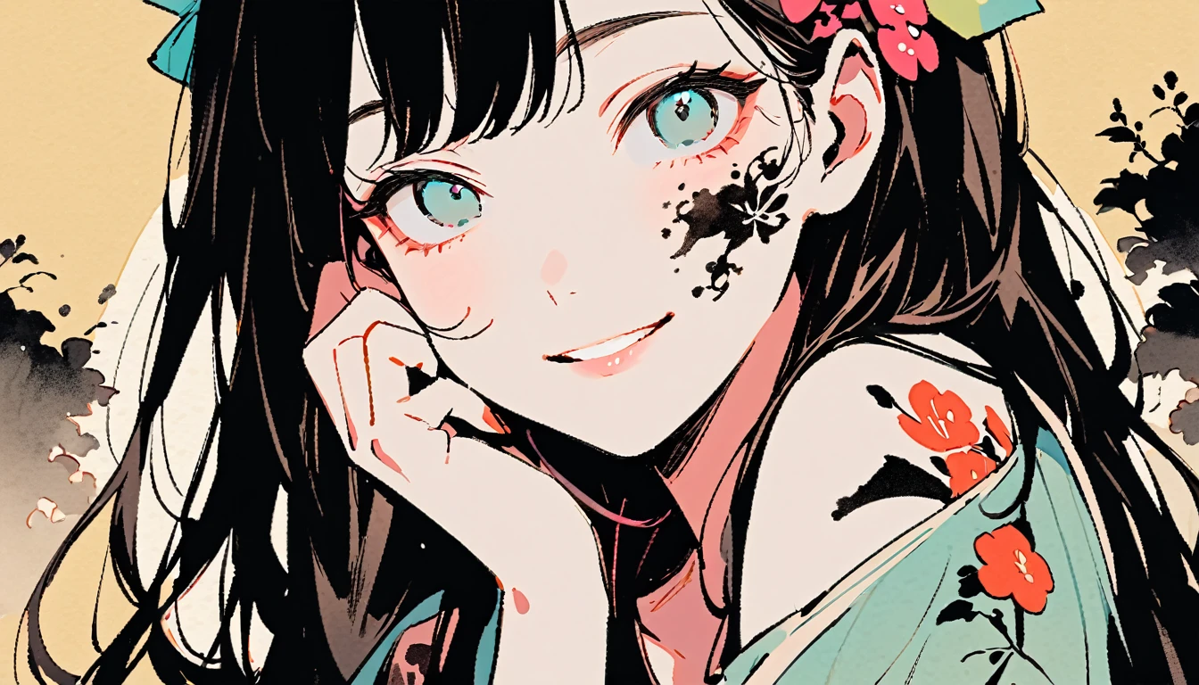 ((Ink Painting)), (((1 girl))), (((Tattoo on face))), (((Gorgeous hair accessories))), Japanese style headphones, face close-up, Japanese beautiful girl, Black Hair, Put your hands on your face, smile, devil, Droopy eyes, pastel color