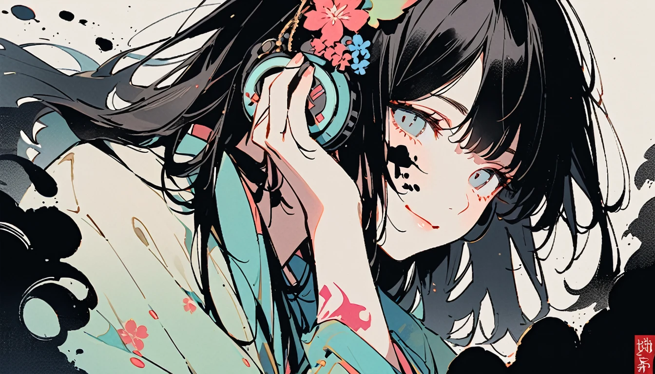 ((Ink Painting)), (((1 girl))), (((Tattoo on face))), (((Gorgeous hair accessories))), Japanese style headphones, face close-up, Japanese beautiful girl, Black Hair, Put your hands on your face, smile, devil, Droopy eyes, pastel color