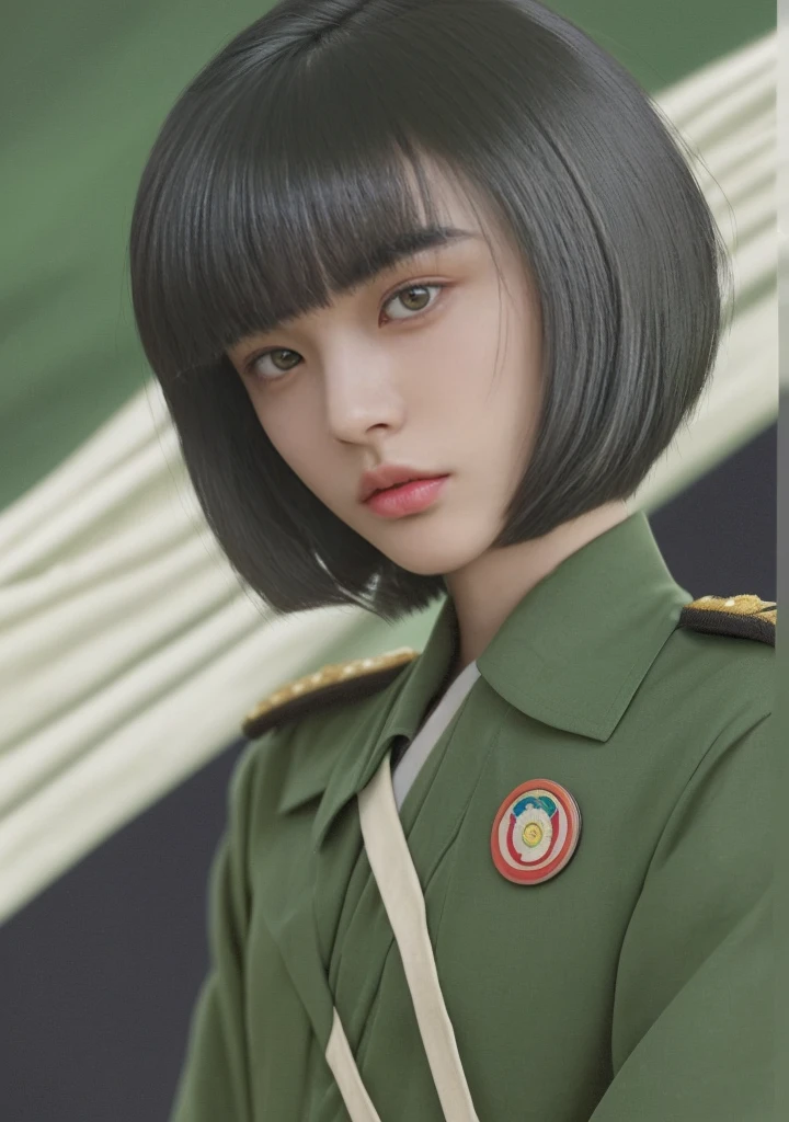 Men with neutral facial features,20years old,Beautiful Asian man,bobbed hair,bob cat hair,Uniforms of the Japanese Imperial Army,Dark hair,almond-shaped eyes,Green uniform,photo-realistic,Very clear and beautiful photo,high quality