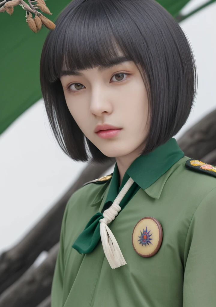 Men with neutral facial features,20years old,Beautiful Asian man,bobbed hair,bob cat hair,Uniforms of the Japanese Imperial Army,Dark hair,almond-shaped eyes,Green uniform,photo-realistic,Very clear and beautiful photo,high quality