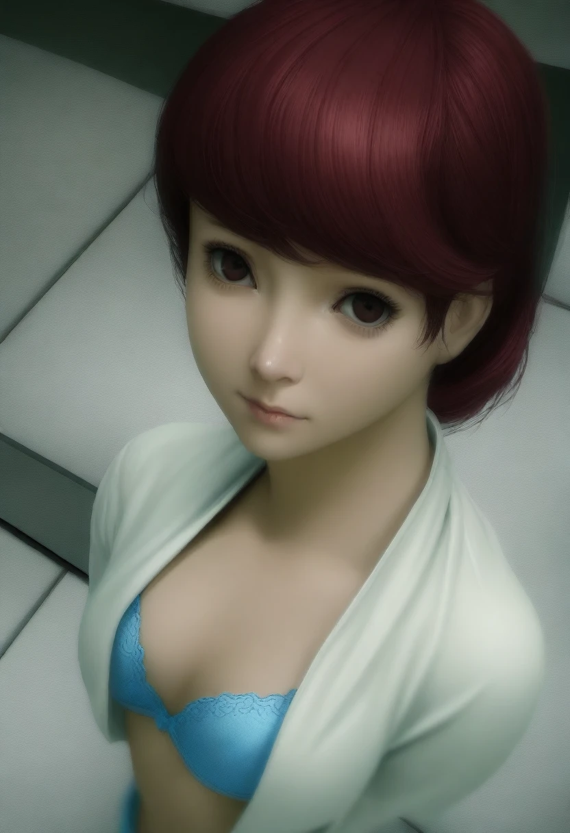 (((masterpiece) (((((Highest quality))))((high resolution))))), Very detailed, Ultra-realistic, )、、locker room、Open shirt、Blue Bra、bluepanties、Red hair、、、Change of clothes、((Expressionless))、From above.stand、Look away、Gaze Down、