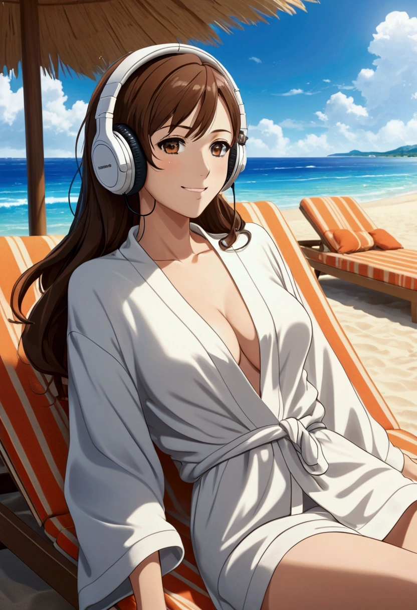 128k Bluray Extreme UHD 4K high quality image of anime At a beautiful summer resort, a woman is reclining on a sunbed. She is wearing headphones and listening to music, dressed in a Beach robes cardigan. She looks at me with a radiant smile