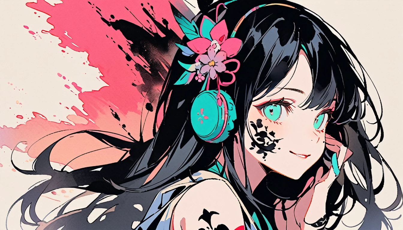 ((Ink Painting)), (((1 girl))), (((Tattoo on face))), (((Gorgeous hair accessories))), Japanese style headphones, face close-up, Japanese beautiful girl, Black Hair, Put your hands on your face, smile, devil, Droopy eyes, pastel color