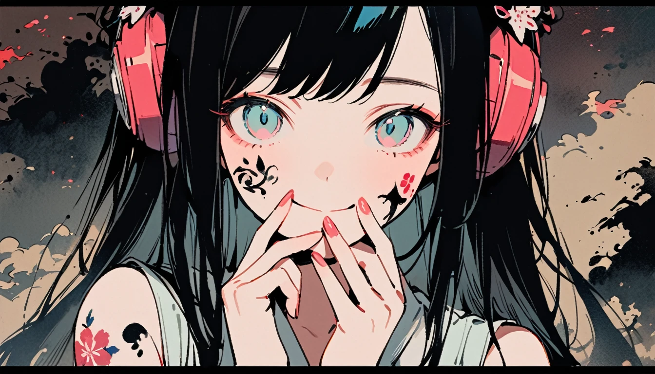 ((Ink Painting)), (((1 girl))), (((Tattoo on face))), (((Gorgeous hair accessories))), Japanese style headphones, face close-up, Japanese beautiful girl, Black Hair, Put your hands on your face, smile, devil, Droopy eyes, pastel color