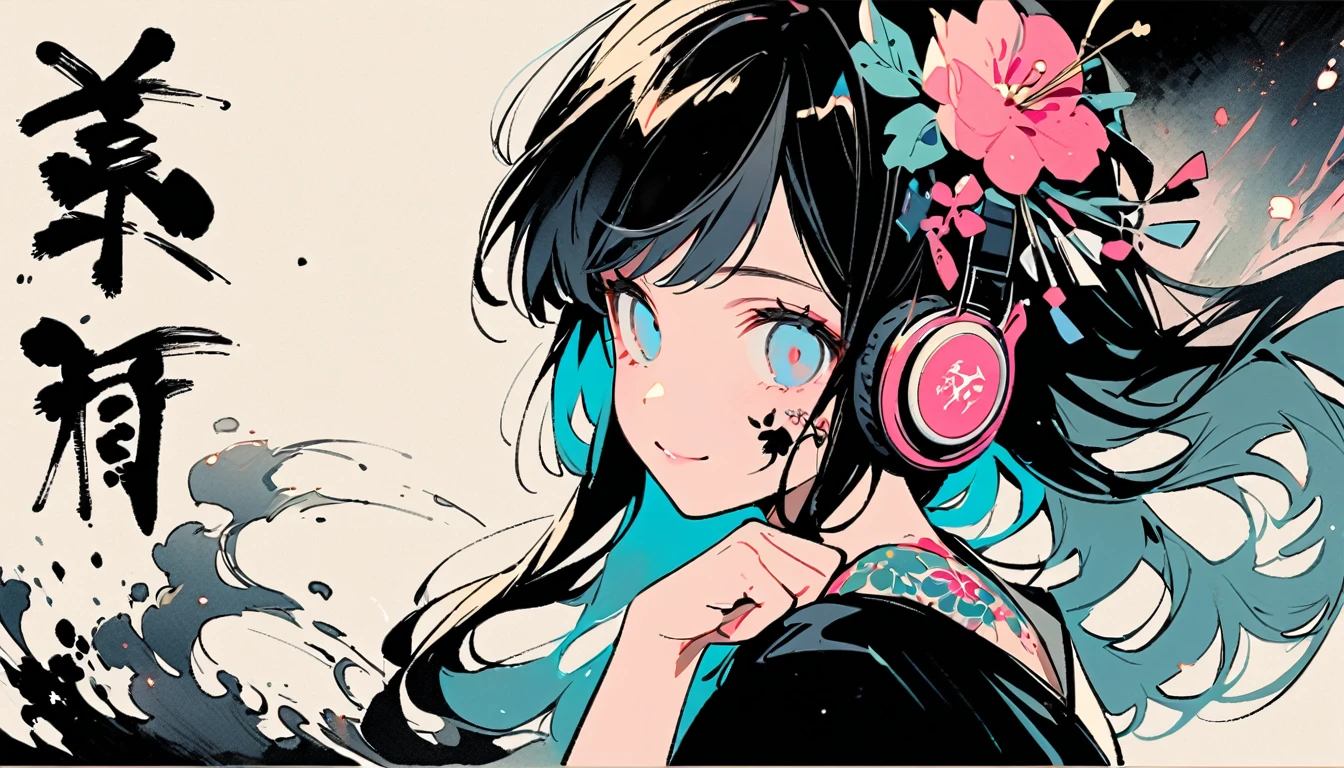 ((Ink Painting)), (((1 girl))), (((Tattoo on face))), (((Gorgeous hair accessories))), Japanese style headphones, face close-up, Japanese beautiful girl, Black Hair, Put your hands on your face, smile, devil, Droopy eyes, pastel color