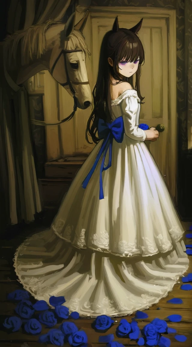 best quality, aesthetic, detailed, by iwzry, by solipsist, 1girl, young girl, rice shower, brown hair, hair over one eye, long hair, horse ears, horse tail, purple eyes, squiggle, black rose, blue bow, blue ribbon, blue rose, purple rose, rose petals
BREAK
wedding dress, (dark room), dramatic lighting, shadow dim light