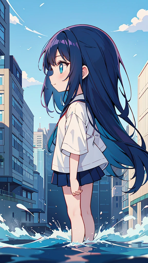 Blue-haired long hair，Design clothing，Seven-doppelganger shot，Anime style 4K，Anime girl with teal hair，High quality anime art style，Standing painting，Splash ink background，Blue Themes、Pure white background,Buildings,Face close-up,Buildings,Moon and sun、Shining Star々,milky way,Bright Sky,Looking at me,Facing forward,Clear eyes and nose,cute,beautiful,Thin legs,Black Hair,profile,Buildings in Tokyo