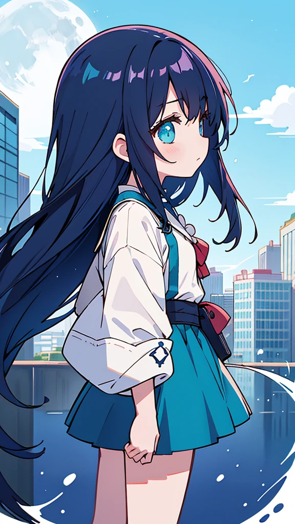 Blue-haired long hair,Design clothing,Seven-doppelganger shot,Anime style 4K,Anime girl with teal hair,High quality anime art style,Standing painting,Splash ink background,Blue Themes、Pure white background,Buildings,Face close-up,Buildings,Moon and sun、Shining Star々,milky way,Bright Sky,Looking at me,Facing forward,Clear eyes and nose,cute,beautiful,Thin legs,Black Hair,profile,Buildings in Tokyo