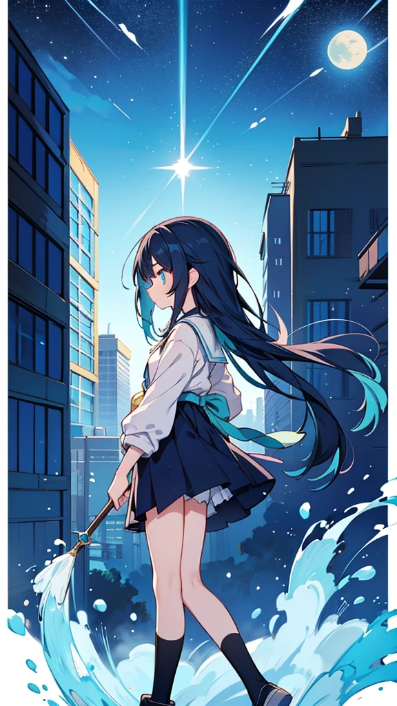 Blue-haired long hair，Design clothing，Seven-doppelganger shot，Anime style 4K，Anime girl with teal hair，High quality anime art style，Standing painting，Splash ink background，Blue Themes、Pure white background,Buildings,Face close-up,Buildings,Moon and sun、Shining Star々,milky way,Bright Sky,Looking at me,Facing forward,Clear eyes and nose,cute,beautiful,Thin legs,Black Hair,profile,Buildings in Tokyo
