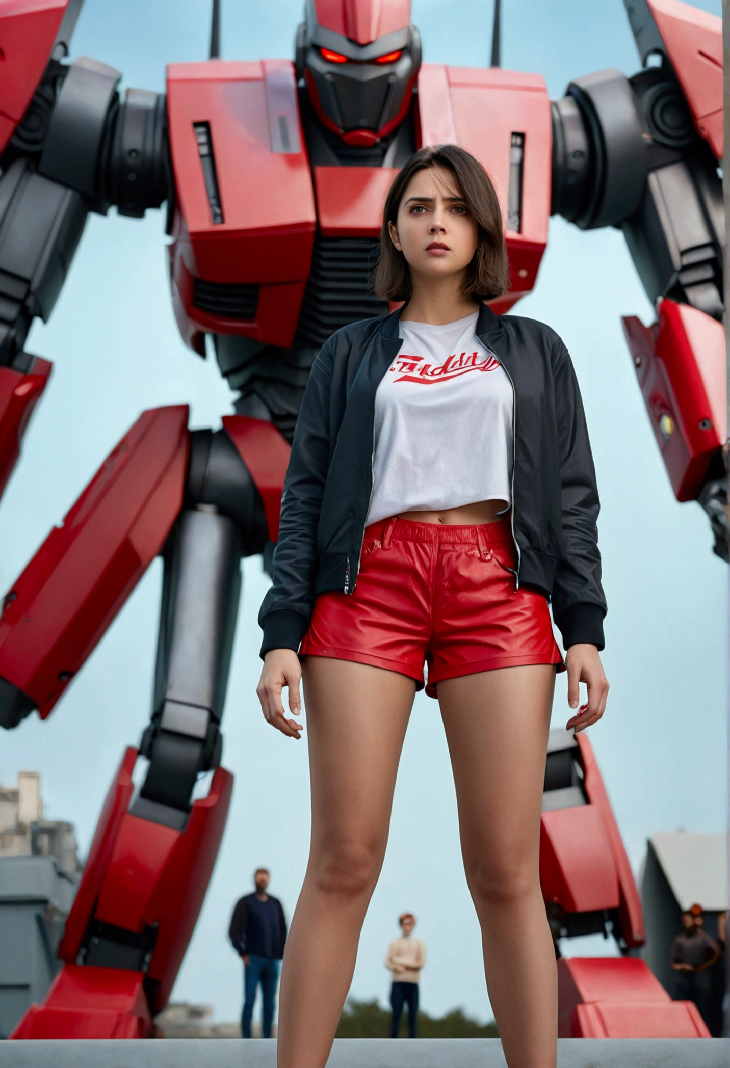 Ultra high-definition images,(fidelity :1.2),,Realistic,High quality,Movie Light,  full bodyesbian,beautiful woman images, stand in front of a giant robot，girl in red shorts and black jacket, Facing here，girl with a stern expression