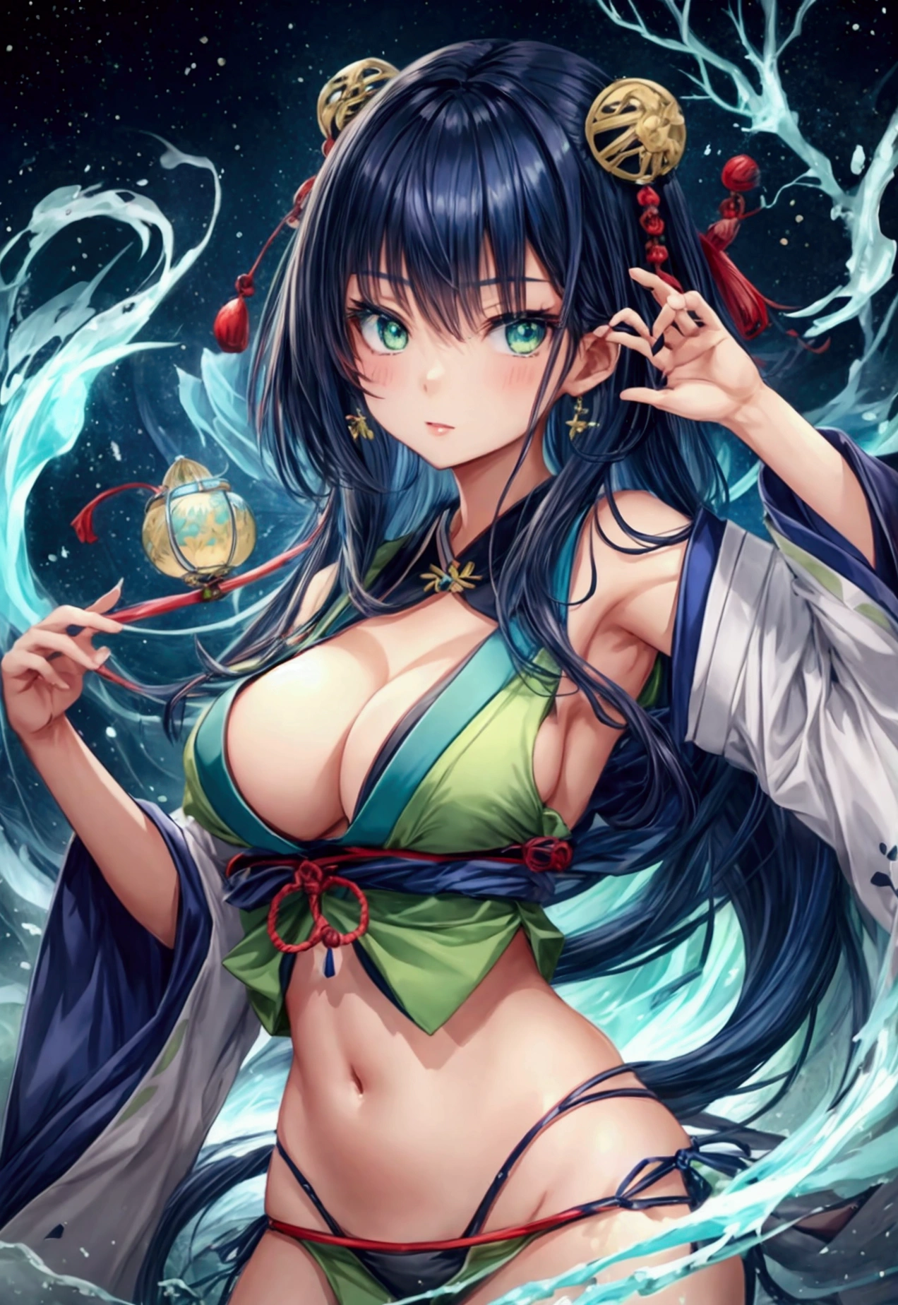 Japanese Girl with dark blue hair, green eyes,rectangular body figure  