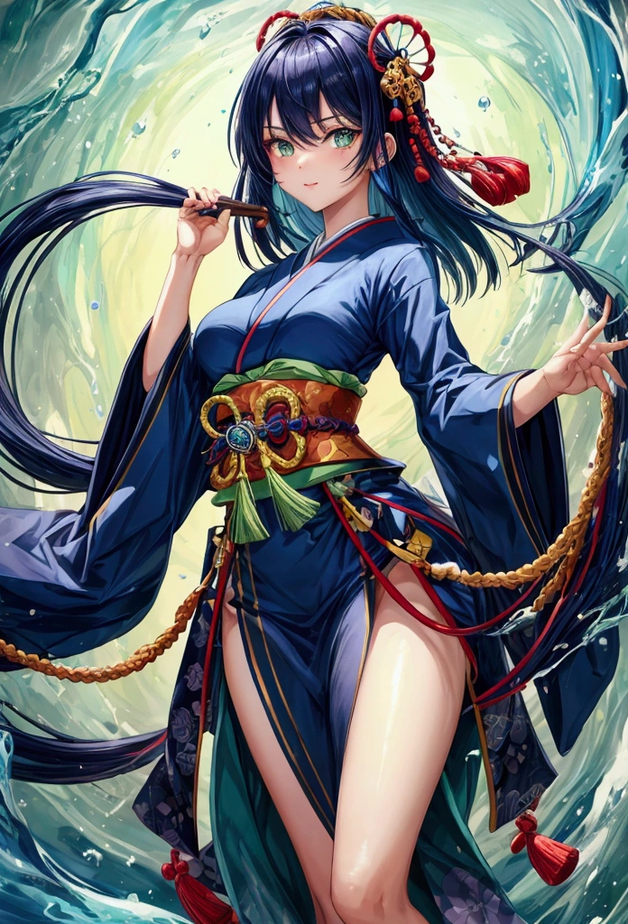 Japanese Girl with dark blue hair, green eyes,rectangular body figure