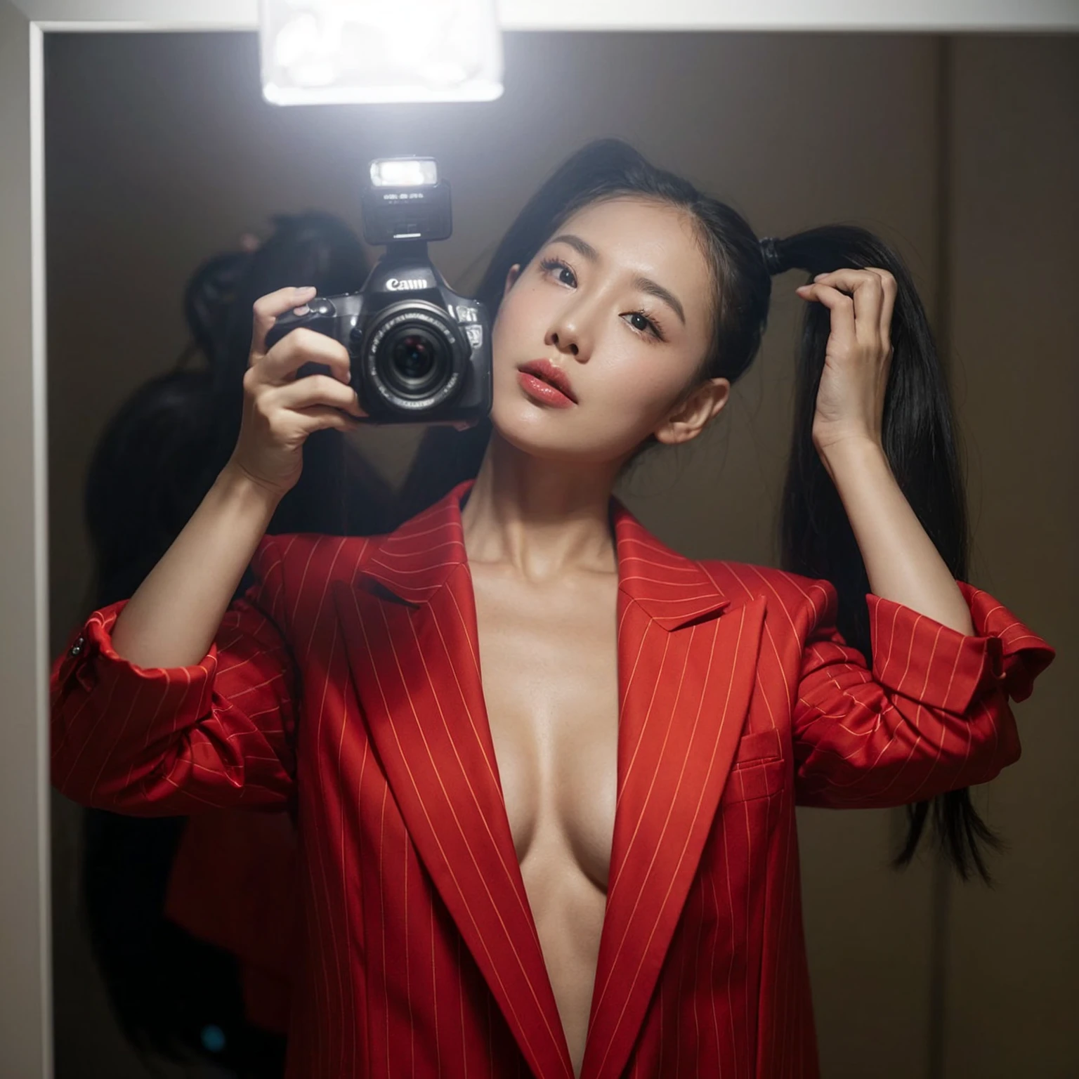 A korean woman takes a mirror selfie with a Canon EOS camera. The camera's flash illuminates the scene, creating a bright glare in the mirror. she has a pear body shape with an larged-size breast, She wears a bright red, vertically striped blazer with rolled-up sleeves, left open to reveal her bare larged-size breast. Her expression is serene, with her eyes slightly closed and her head tilted slightly to one side as she touches her hair with her other hand, messy wavy hair. The background appears dim, giving prominence to the subject in the foreground.