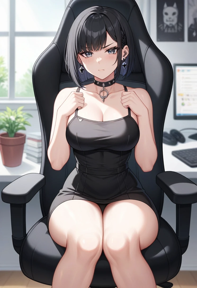 Adult, Female, Black hair, goth girl, gothic, goth clothing, goth make up, thick thighs, medium chest, annoyed, disgruntled, sitting in gaming chair, gt racing chair, black and white chair, bedroom, gothic bedroom, aesthetic bedroom, Masterpiece, Accurate, Anatomically Correct, Best Quality, High Details, Detail, Super Detailed, Best detail, Perfect detail, Amazing detail, [-3, 3], perfect hands, best hands, best fingers, perfect fingers, perfect body, best body, amazing body, Looking at viewer, front facing, upper body shot,