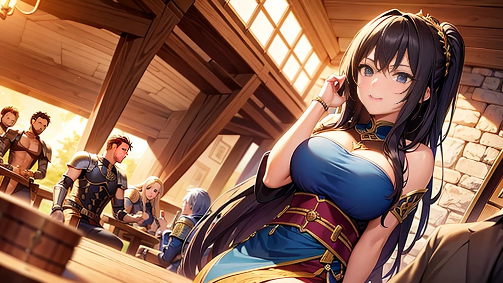 A beautiful woman and a party of men on a journey, equipped with armor and swords, are sitting and enjoying themselves in a tavern, everyone is having a good time, anime, heartwarming, medieval, bard, epic,