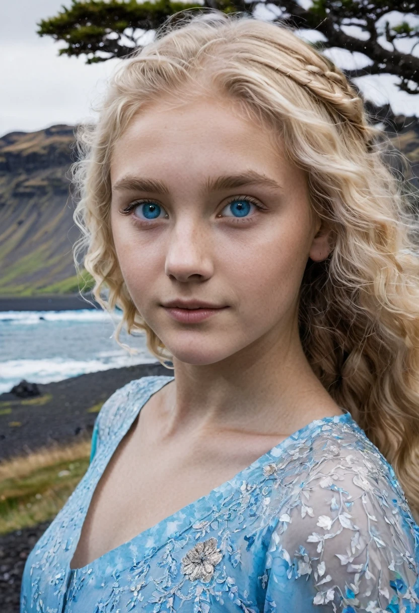 1 girl, ars, blonde, Wavy hair, Icelandic, bright skin, Blue eyes, high, slim, in Iceland in nature, looks at the viewer, high quality 
