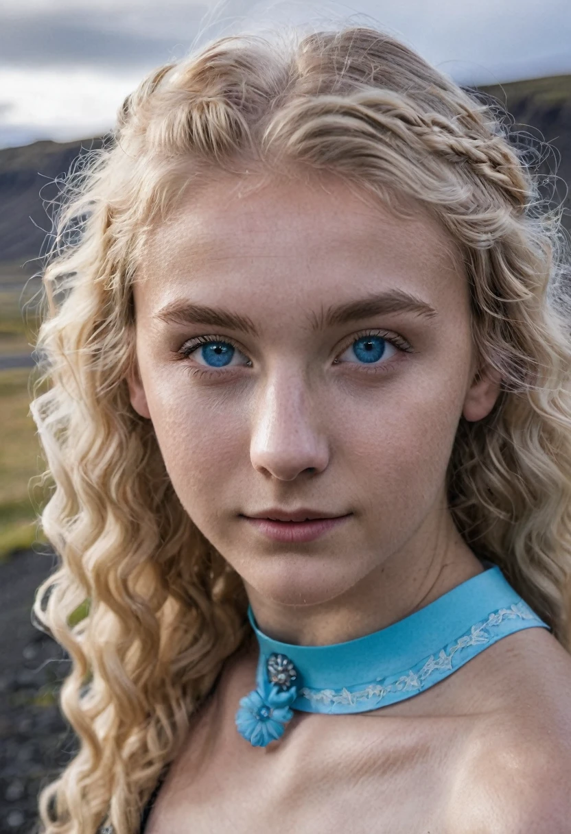 1 girl, 17years, blonde, Wavy hair, Icelandic, bright skin, Blue eyes, high, slim, in Iceland in nature, looks at the viewer, high quality