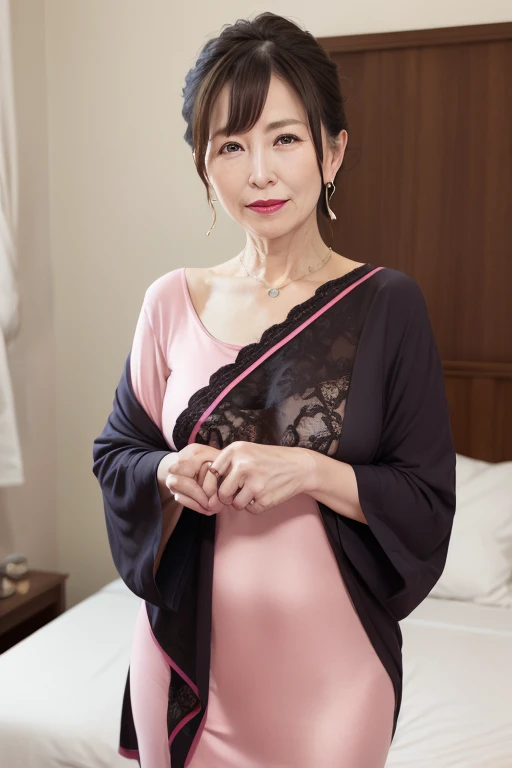 Beautiful mature Japanese woman aged 55, Married women, Long eyelashes, Low Ponytail, Red lipstick, Pink Cheeks, Pearl Necklace, Earrings, Dark eyeshadow, In a negligee, Beautiful body, Focus on the whole body, Bedroom, Bed, Functional, sexy