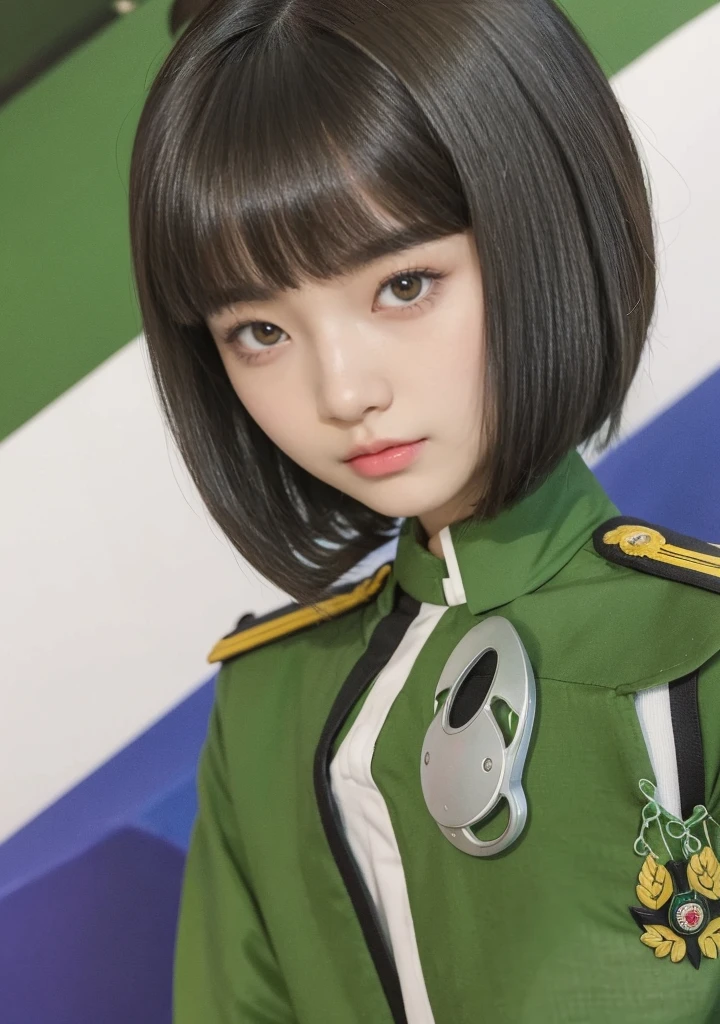 Men with neutral facial features,20years old,Beautiful Asian man,bobbed hair,bob cat hair,Uniforms of the Japanese Imperial Army,Dark hair,almond-shaped eyes,Green uniform,photo-realistic,Very clear and beautiful photo,high quality