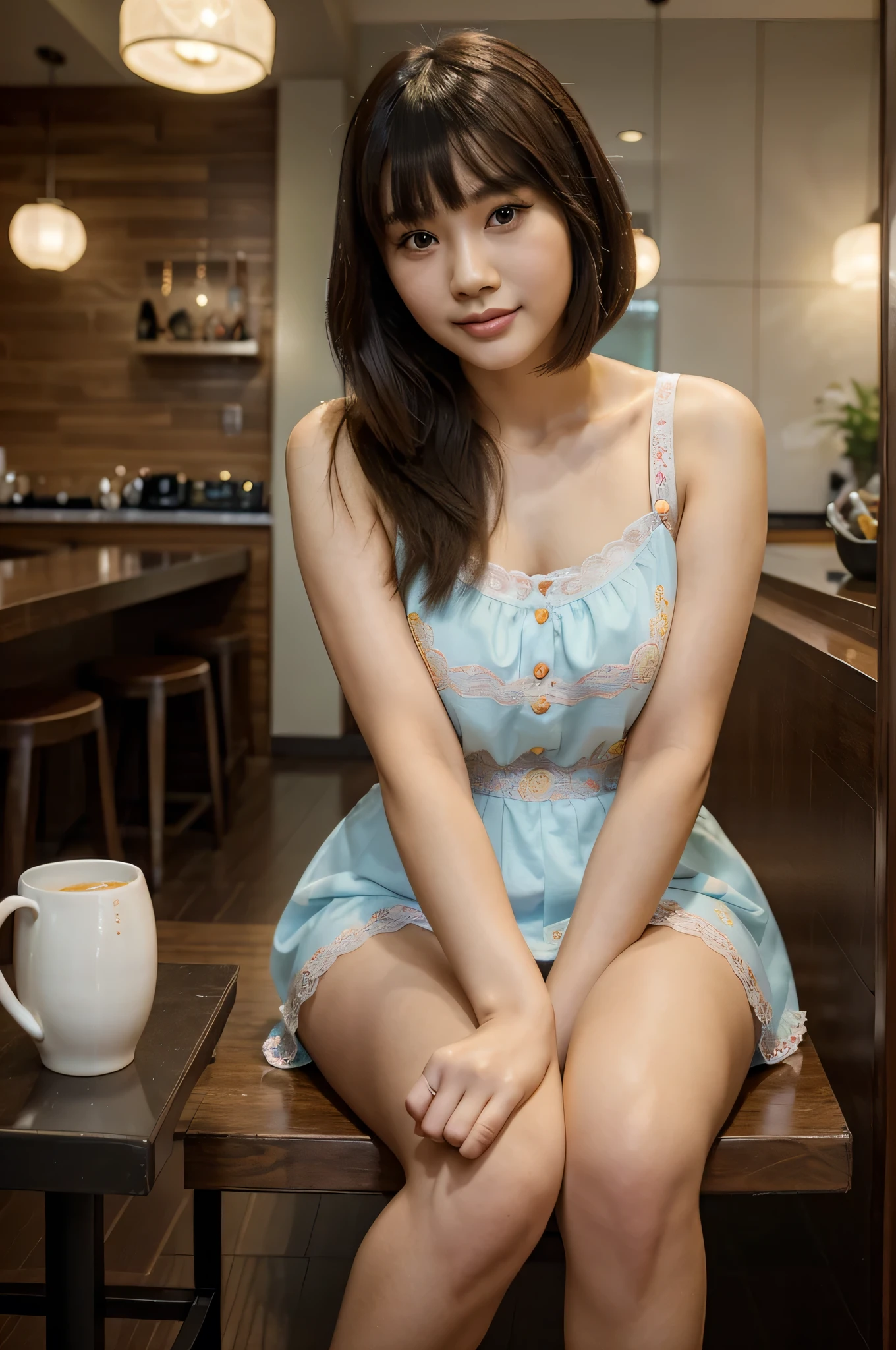 A woman wearing a brightly colored short dress with a lace pattern., Bob hair with bangs, Turn your head directly to look at the camera., charming smile, beautiful portrait, Half-Thai-Chinese woman, , Half-Thai-Chinese woman, beautiful young woman, beautiful young woman, Chinese woman, beautiful female model, beautiful female model, lovely young woman, beautiful young woman, lovely young woman, Chinese woman, sitting in a coffee shop, see full body, The picture is very clear.
