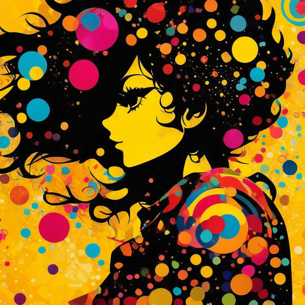 Stylized anime girl silhouette, vibrant yellow background, abstract colorful circles and bubbles, geometric patterns, pop art style, digital illustration --ar 3:4 --style raw --niji 6