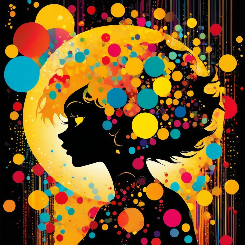 Stylized anime girl silhouette, vibrant yellow background, abstract colorful circles and bubbles, geometric patterns, pop art style, digital illustration --ar 3:4 --style raw --niji 6