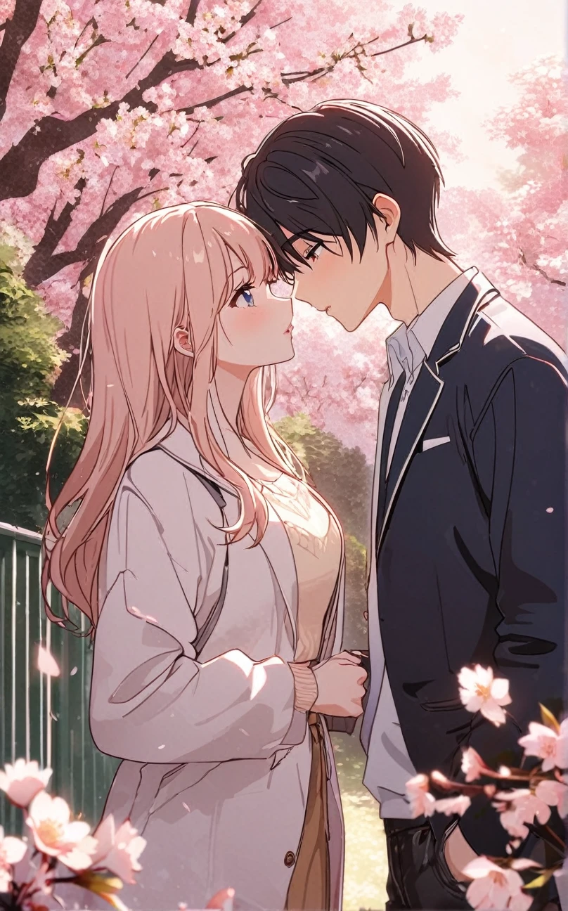 Vector, 8k, high resolution, high quality, romantic couple, lovers , just like in manhwa , young couple, high school, college, rich, romance, eyes open and looking at each other, about to kiss, the couple are standing under a cherry blossom tree in the school garden and the girl was leaning over the boy, flower background