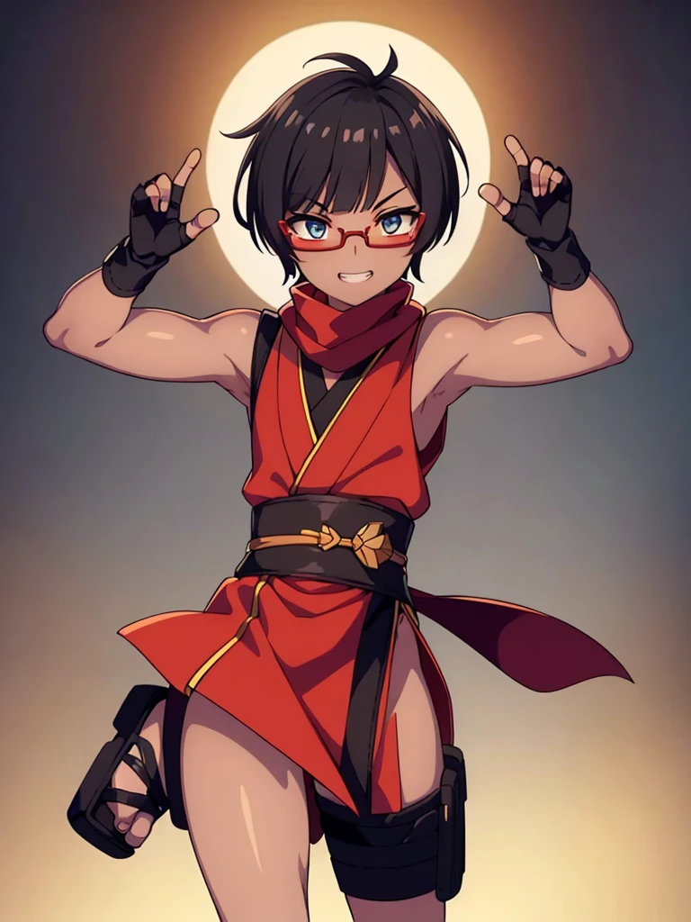 (flat chest), (masterpiece:1.2), highest quality, High resolution, unity 8k wallpaper, (fine and beautiful eyes:1.6), highly detailed face, perfect lighting, Detailed CG, (perfect hands, perfect anatomy), (1 feminine male:1.4), 20 years old,( black hair:1.3), extremely beautiful detailfeminine face and eyes, (grin smile), detailed eyes, best quality,( dark skin:1.8), extremely detailed, very precise detailed,(glasses:1.3), blunt bangs, open mouth, (very short pixie cut:1.2), (geta:1.2),(fingerless gloves:1.5), half closed eyes,long sidelocks,(long red Scarf:1.3),(sleeveless yukata), (kick:1.5),