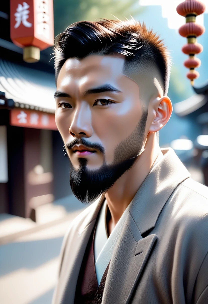 analog photo, closeup portrait photo of 24 years old asian man, natural skin, looks at viewer, city street, (cinematic shot, film grain:1.1), ultra detailed, slight beard
